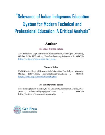 Relevance of Indian Indigenous Education  System for Modern Technical and  Professional Education: A Critical Analysis