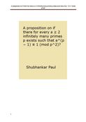 A proposition on if there for every a ≥ 2 infinitely many primes p exists such that a^(p – 1) ≡ 1 (mod p^2)